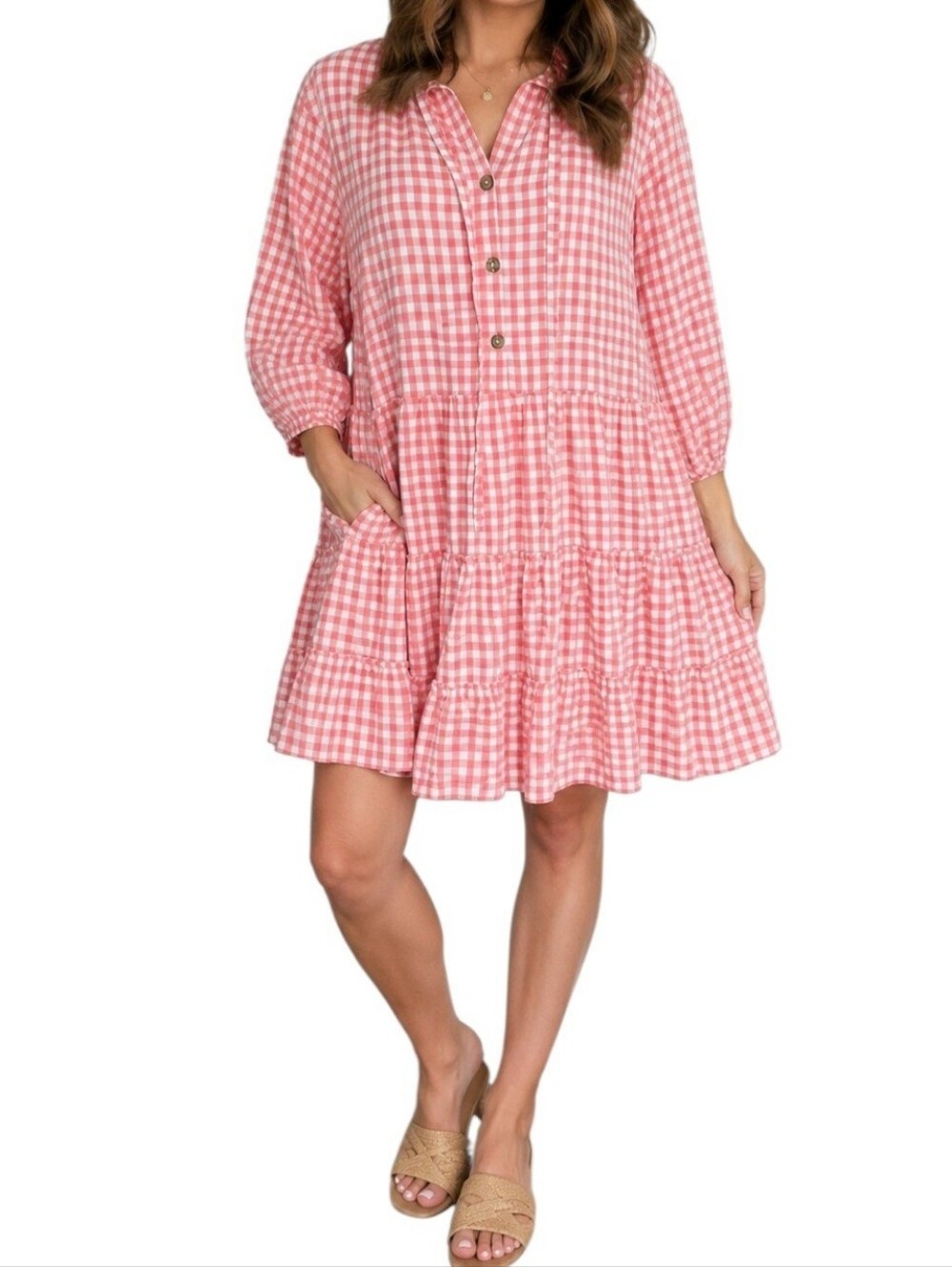 Petal & Pup Pink Gingham  Tiered Babydoll Mini Smock Dress Size M/L